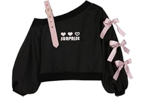HIMI HIMIFASHION Teenager Mädchen Langarm Sweatshirt Cute Heart Stickerei Sweatshirt Schnürung Off Shoulder Crop Top Casual Loose Pullover