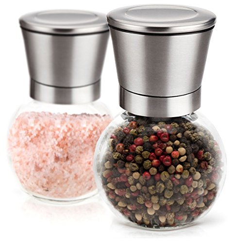 Elegante Salz & Pfeffermühlen Set - Edelstahl Gewürzmühle, runder Glaskörper, Einstellbares Keramik-Mahlwerk - Geeignet für Pfefferkörner, Meersalz, Himalaya-Salz, Gewürze & Gewürzmischungen - Tessani.