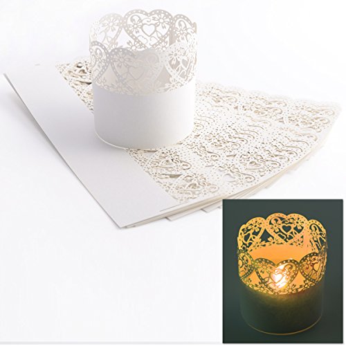 25 x Laser Cut Herz Motiv Papier Wrapper Kerzenhalter Teelichthalter Halter für Teelichter Gartenlicht Windlicht Halter Weihnachten Wohnung Zimmer Deko Tischdeko - 3
