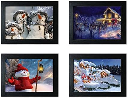Set of 4 Christmas Themed Picture Frames - A4 Dark Wood Photo Frames &amp; Xmas Decoration Images (A4)