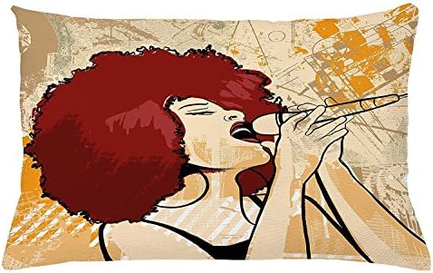 UCKPICASE Afro Throw Pillow Cushion Cover, Popular Singer Karaoke Style Microphone Performance African American Woman, Decorative Square Accent Pillow Case, 30 X 20 Inches, Burgundy Beige Orange