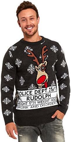 LOOKS FUNNY More Designs! Knitted Mens Christmas Xmas Jumper Top With Santa Reindeer Snowman Funny Ladies Unisex Sweater by Grey - Reindeer- XL