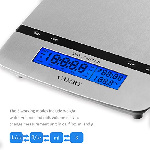 Camry Digitale Multifunktionsküchenwaage mit Thermometer, Wecker und Echtzeituhr, Edelstahl, Kapazität bis zu 5 kg, zum Verstauen aufhängbar, EK8450, 23.5x3.5x17cm
