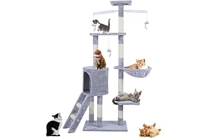 ICOCO Cat Scratching Post 143 cm Cat Tree Multi-Level Stable Cat Tower Cat Scratching Post with Bed,Cat Bed Cat Climbing Frame with Ladder,Pet Activity Furniture Play House for Indoor Cats Grey