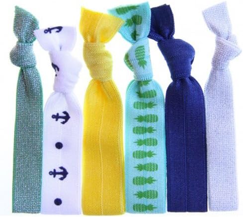 Twistband LIDO Hair Tie Pack of 6, Green metal/ Navy anchor on white/ Banana/ Green/ Pineapple S/turquoise/ Navy/ White