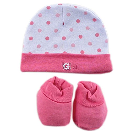 Luvable Friends Polka Dot Baby Cap Hat And Booties Gift Set in Organza Bag (0-6 Months) (Girls Pink)