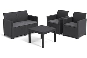 Keter Salottino da Giardino Marie, Composto da Due Poltrone 63x65x74H cm, un Divano 113x65x74H cm e un Tavolino 58,5x58,5x43H cm, Realizzato con Caratteristica Finitura Intrecciata, Colore Grafite