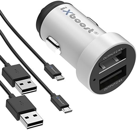 Ixboost® IX 5s Set Speed Charge 4.8 A Dual USB Car Charger fully Metal Adapter Silver Intelligent IC 2 Port In Car Charger + 2 x Micro USB Charging cable Black for HTC Huawei LG/Samsung