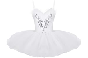 inlzdz Damen Ballettkleid Ballettanzug Ärmellos Ballett Trikot mit Glitzer Pailletten Tutu Tanzkleid Schwanensee Bühnen Performance Tanz Kostüm