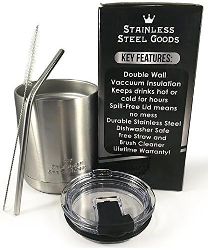 Stainless Steel Goods - 10oz Lowball Insulated Tumbler - Straw and Cleaner Included - Travel Mug used for Coffee, Smoothies, Drinks, Whiskey Tumbler Glass - Keeps Ice Cold for Hours in Cup