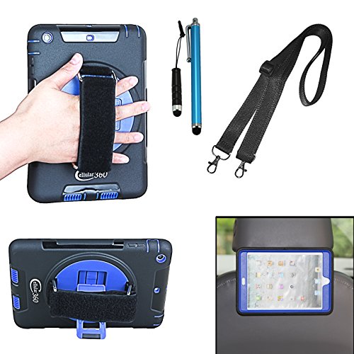 Cellular360 Apple iPad Mini iPad Mini 2 iPad Mini 3 Schock-und Drop-proof Hülle, Kopfstützen-Halterung mit einem Griff, einem Schultergurt und einem 360 Grad drehbaren Standfußdrehbaren (Apple iPad Mini 1/2/3, Schulterriemen-Schwarz und blau)