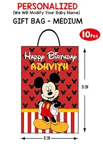 WoW Party Studio Personalized Mickey Mouse Theme Happy Birthday Decorations Return Gift Bag with Birthday Boy/Girl Name - 10 Pcs