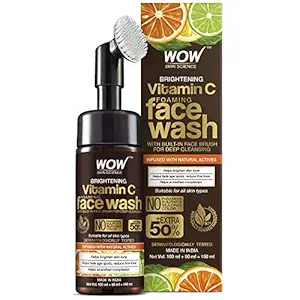 WOW Skin Science Brightening Vitamin C Foaming Face Wash with Built-In Face Brush for Deep Cleansing - No Parabens, Sulphate, Silicones & Color, 150 ml