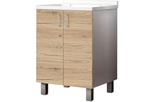 MaMa Store Mobile Lavatoio-Lavapanni ATENALAV-Mueble lavadero metacrilato con Eje de Madera y escurridor de Aluminio, 60 x 50 x 86 cm, Blanco Mate/Roble Natural, L.60 x P.50 X H. 86 CM