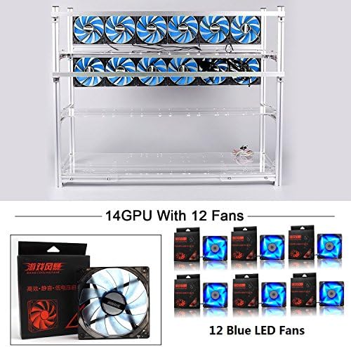 14 GPU Mining Rig Aluminum Stackable Case With 12 LED Fans Open Air Frame Miner Kit For ETH/ZEC/Bitcoin/Decred/Z Cash (Silver-BF)