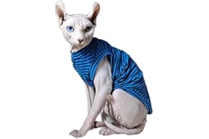 PAVEL KORCHAGIN Sphynx, Maglietta per gatti senza pelo, per l'estate, per gatti e cani di piccola taglia, in morbido cotone traspirante, a righe, per Cornish Rex, Devon Rex, Peterbald, blu Peterbald, S