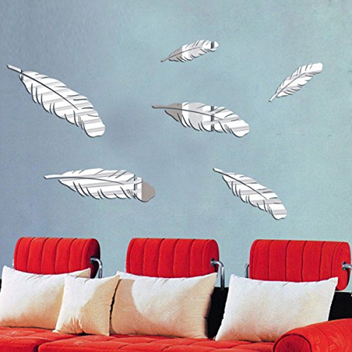 TV Hintergrund Dekorativ Federn Perspektive Spiegel Wandaufkleber,Silver - 2