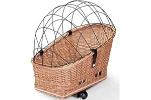 Tigana Hundefahrradkorb für Gepäckträger aus Weide Natur 60 x 39 cm Gitter Tierkorb Hinterradkorb Hundekorb für Fahrrad (N-S) (XXL + Kissen + Holz)