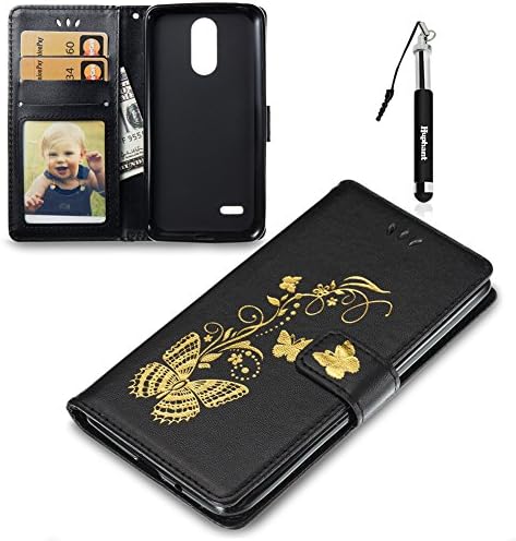 LG K8 2017 Case,Huphant Leather Wallet Case Flip Cover Shockproof Slim Cover Stand Function Embossed with Gold Butterfly Design Heavy Duty Magnetic Closure with ID Card/Credit Card Holder Money Pouch Book Style Multi Function +Soft Silicone TPU Inner Protective Bumper Hand Strip Protective Cases and Covers for Women and Girls Premium Leather Wallet Stand Flip Case for LG K8 2017(5.00")+ 1 Black Retractable Dust Plug Stylus Pen-Black