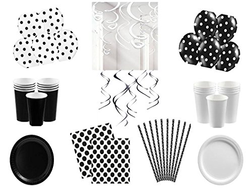 Partyset Komplettset schwarz weiß Party Geschirr 91 teilig für 16 Personen Partygeschirr Geburtstag Set schwarz weiß Teller Becher Servietten Party Deko schwarz weiß