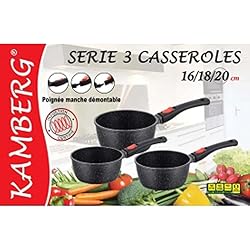 Kamberg - 0008038 - Set 3 Casseroles 16 / 18 / 20 cm - Manche Amovible - Fonte d'Aluminium - Revêtement type pierre - Tous feux dont induction - Sans PFOA