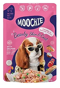 Moochie Wet Dog Food Beauty Skin & Coat Formula Salmon, Carrot, Sweet Potato and Green Peas, 85 g. (12 Pouch)