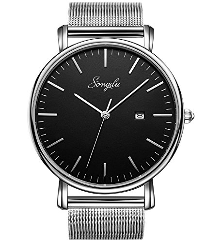 SONGDU Herren Unisex Ultra dünn Analog Quarz Schwarz Minimalistisch Armbanduhr mit Mode Datum und Edelstahl Milanese Mesh Band