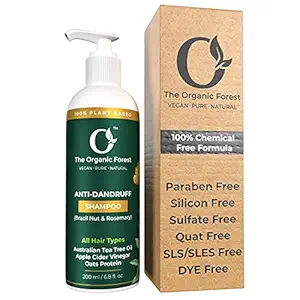 Organic Forest 100% VEGAN Anti Dandruff Shampoo | 100% Chemical Free Dandruff Treatment | Relief from Flakes, Itchy & Dry Scalp | Shampoo for Dry and Frizzy Hair for Men & Women | Tea Tree & Rosemary | 200 ML