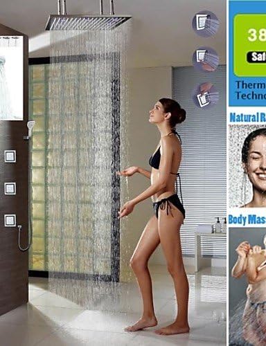 Thermostatic Rainfall Shower Faucet, 24 Inch Brushed LED 3 Colors Bathroom Shower Head With Big Lamps