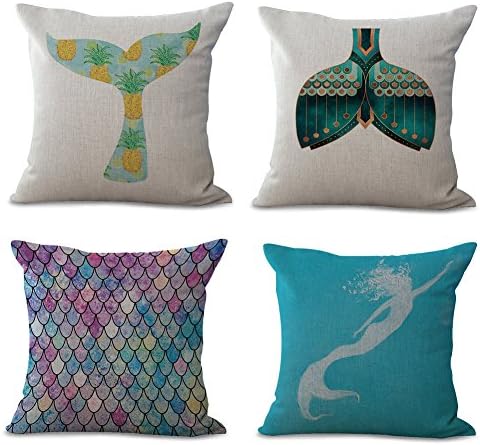 4Pack Square Mermaid Pillow Covers, Cotton ＆ Linen Throw Pillows Case Cushion Covers Pillowcase Indoor Decorations, Best Gift for Christmas 18×18 Inches (45×45cm) (Mermaid-02)