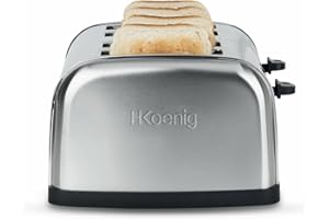 H.Koenig TOS14 Grille Pain Toaster 4 Tranches Fentes larges Inox vintage, 6 Niveaux de brunissage, Décongélation, Rapide et uniforme, Pain et Viennoiserie, Nettoyage facile, 1500 W