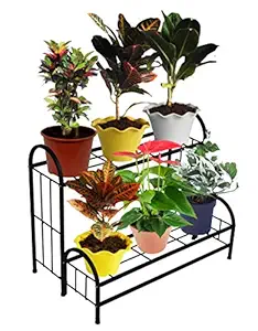 ORCHID ENGINEERS Metal Plant Stands, Corner Plant Stand Pot Stand, Planter Stand Holder for Balcony - Black (2 Tier Step Type)