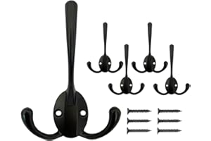 Mokife Gancho Perchero Pared Vintage, 5 Piezas Rústicos Ganchos para Abrigos Triple Puntas Gancho de Toalla con Tornillos para Dormitorio Baño Cocina Garaje Inodoro Oficina Tienda, Negro