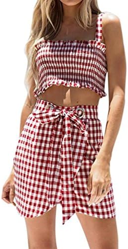 Hmeng Fashion Women's 2Pcs Plaid Tops Straps Vest Wrinkles Crop Top +Above Knee Skirt Clothes Sets Spring Summer Ladies Casual Sexy Jumpsuit Clothes Set Streetwear Beachwear (L, Red)