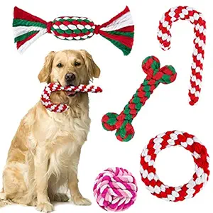 ADXCO 5 Pack Christmas Dog Rope Toys for Aggressive Chewable Christmas Theme Pet Chew Toys Crutch and Bone Shape for Small Medium Large Dog