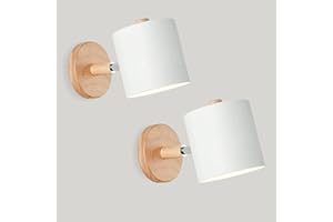 LIGKIN 2 Piezas Aplique de Pared Interior Moderno Lámpara de Pared Madera E27 Pantalla Metálica Foco de Luz Ajustable para Mesilla de Noche Oficina Sala de Estar Lectura, Blanco