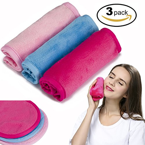 Makeup Remover Cloth 3 Pack - Chemical Free-Move Makeup Instantly with Just Water - Reusable Facial Cleansing Towel - Money-back Satisfaction Guaranty (1Pink+1Blue+1Rosy)