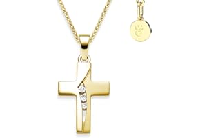 Amoonic Kreuz Kette Mädchen Gelbgold (Silber 925 vergoldet)| Kreuz-Anhänger Halskette | Kinder-Schmuck Erst-Kommunion Tauf-Geschenk Konfirmation Firmung Geburt Taufe | Goldkette Kreuzkette Taufkette