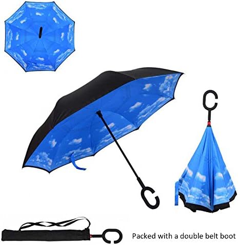 Asiki Windproof Reverse Folding Double Layer Inverted Umbrella with C shape Handle, Self Standing, Inside Out , Hand Free, Variety colors (Cloud)