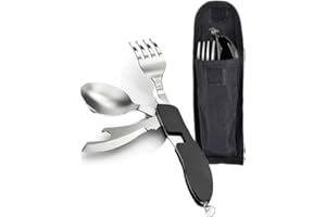 GENERICO Posata Pieghevole Campeggio Multiuso Picnic Escursioni Viaggi Portatili Acciaio Inossidabile Staccabili 5 in 1 Picnic Coltello Forchetta Cucchiaio Apribottiglie Astuccio (nero)
