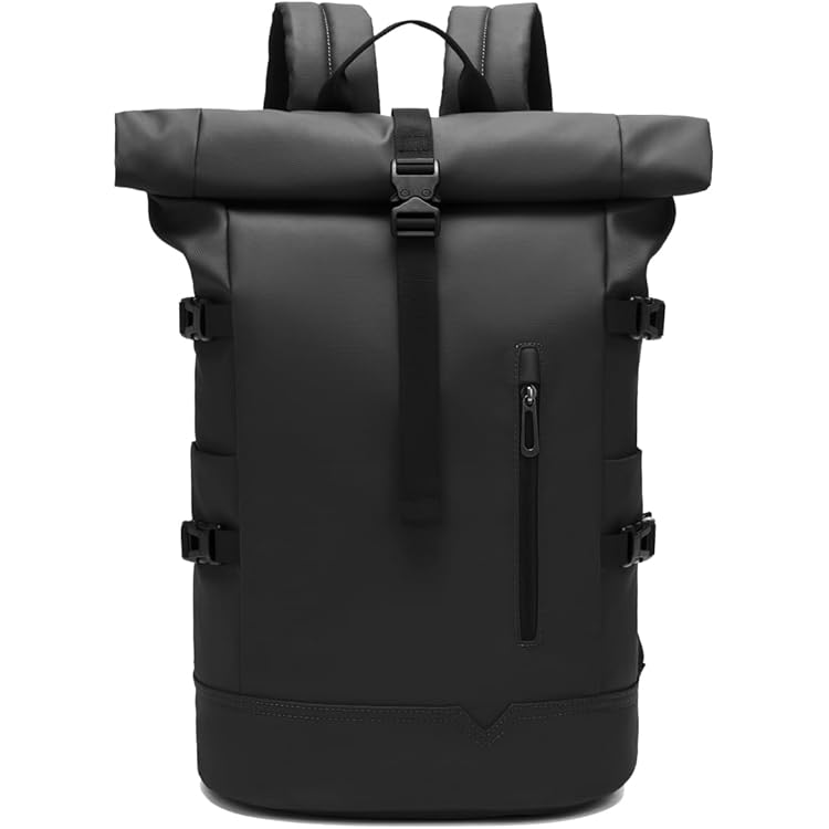 RAINSMORE Rugzak voor heren en dames, rugzak voor laptop, 15,6 inch, waterdicht, reisrugzak, rugzak, roll-top, voor vrije tijd, werk, wandelen, Zwart