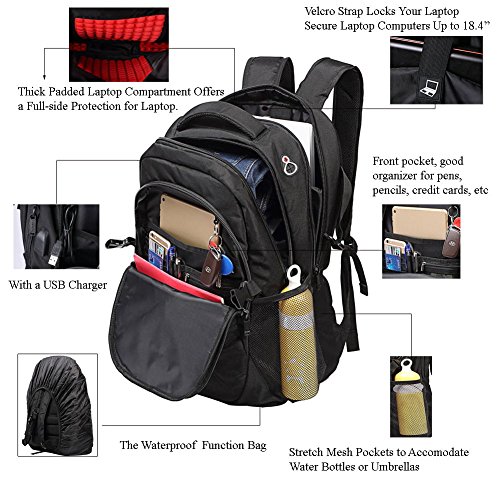Shengts Laptop Rucksack 18 Zoll mit Regenschutz Durchlass Rucksack Daypack Wasserdicht Laptoptasche mit USB Port Stoßfest Notebooktasche Reiserucksack bis zu 18 Zoll Business Laptop Rucksack Wanderrucksack Sportrucksack Reiserucksack Schulrucksack Mädchen Herren Damen schwarz - 2
