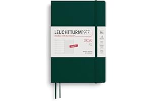 LEUCHTTURM1917 372689 Paperback (B6+) Agenda semainier et bloc-notes 2026, couverture souple, vert forêt, anglais