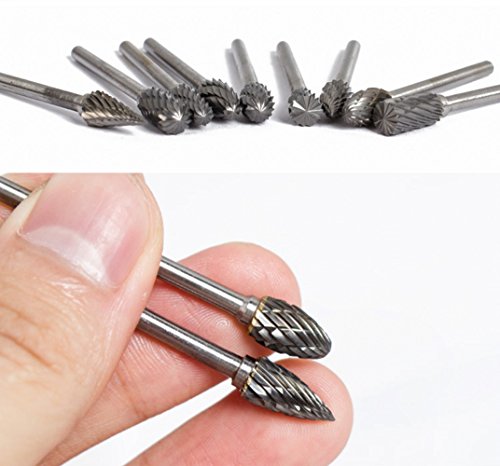 sunreek 10 1/20,3 cm Wolfram Hartmetall-Frässtifte, Double Cut Rotary Grat 3 mm Schaft für Dremel Rotary Werkzeuge Fräser Gravur Bits - 5