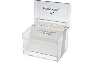 MAUL boîte à fiches en acrylique | Boîte à fiches A7 avec 100 fiches et répertoire alphabétique | Boîte élégante pour apprendre du vocabulaire et conserver des recettes | Transparent