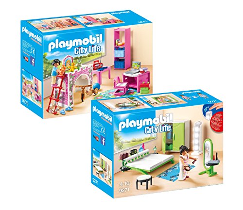 Preisvergleich Produktbild PLAYMOBIL Modernes Wohnhaus Möbelset: 9270 Fröhliches Kinderzimmer + 9271 Schlafzimmer