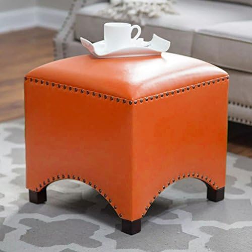 UUSSHOP Wood Seating Footstool Footrest Ottoman Pouffe Square Chair Foot Stool with FAUX Luxury Oil Wax Leather Cover, Handcrafted Rivets Edge-Sealing (Orange)