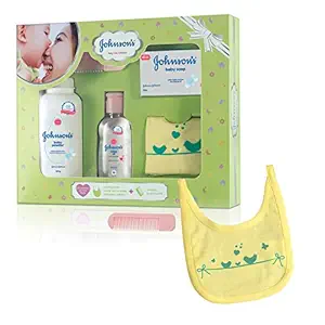 Johnsons Baby Care Collection Baby Gift Set with Organic Cotton Bib & Baby Comb (5 pieces,Multicolor)