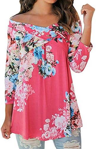 Lanisen Women's Off Shoulder Tops Vintage Floral 3/4 Sleeve Casual Loose Blouse Rose 6-8