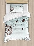 Ambesonne Art Duvet Cover Set Twin Size, Dandelion Flower Arrangement Petals Doves Flying Silhouettes Fantasy Blooms Print, Decorative 2 Piece Bedding Set with 1 Pillow Sham, Turquoise Brown